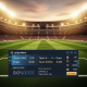 Vibrant, empty Spanish football stadium at dusk with a transparent overlay of a sleek online sports betting interface showing La Liga odds and statistics.